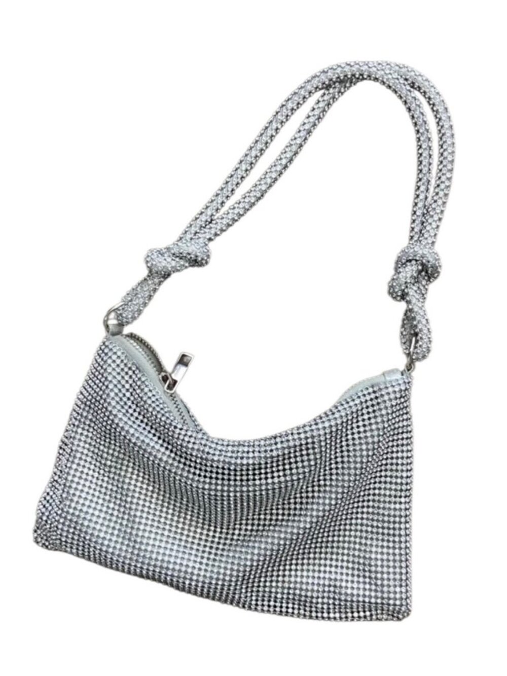 UNBRANDED Silver Rhinestone Small Bedazzled Evening Baguette Style Bag Purse